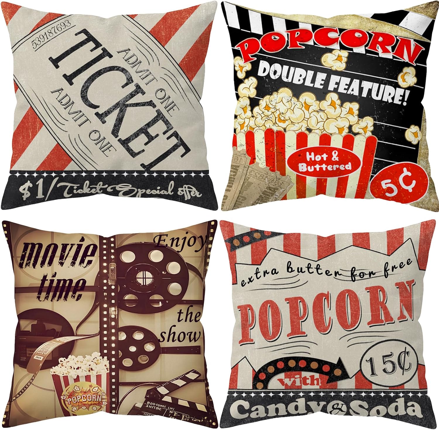 4Pcs Retro Cinema Throw Pillow - Home Cinema Tickets review and price